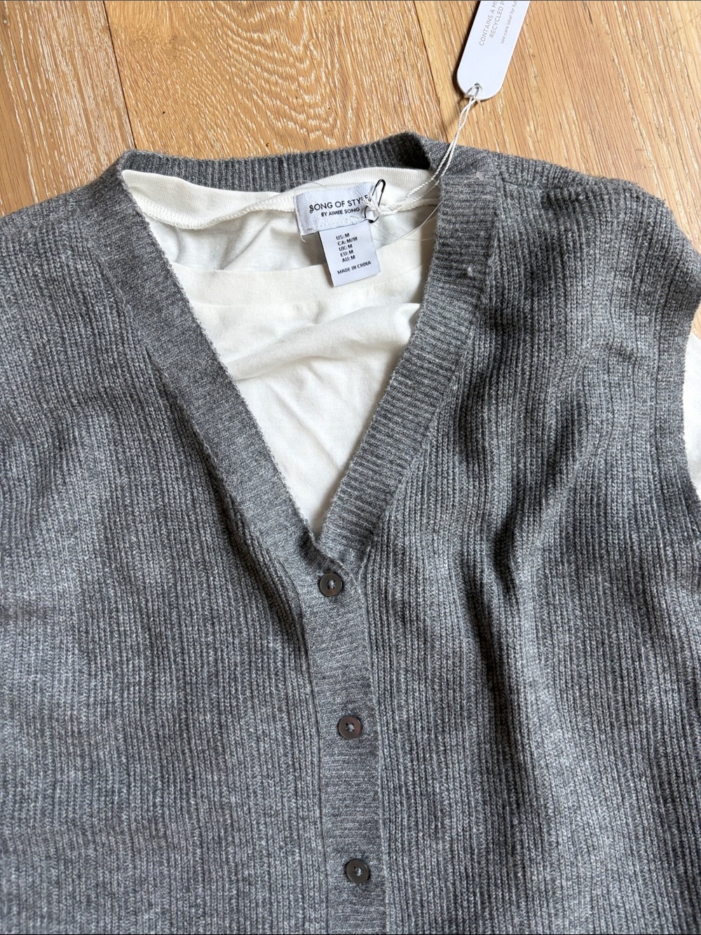 Grey Ribbed V-Neck Button Sweater Vest -  Size Medium - Picture 2 of 5
